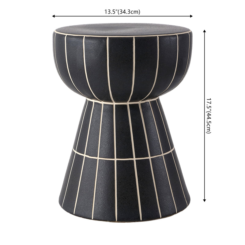 Clara 17.5 in. Modern Minimalist Grid Hourglass Ceramic Indoor/Outdoor Garden Stool and Accent Table - Matte Black