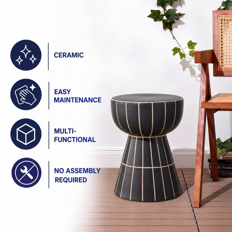 Clara 17.5 in. Modern Minimalist Grid Hourglass Ceramic Indoor/Outdoor Garden Stool and Accent Table - Matte Black