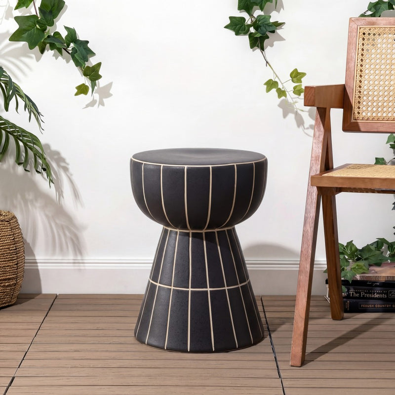Clara 17.5 in. Modern Minimalist Grid Hourglass Ceramic Indoor/Outdoor Garden Stool and Accent Table - Matte Black