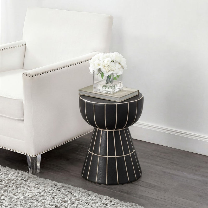 Clara 17.5 in. Modern Minimalist Grid Hourglass Ceramic Indoor/Outdoor Garden Stool and Accent Table - Matte Black
