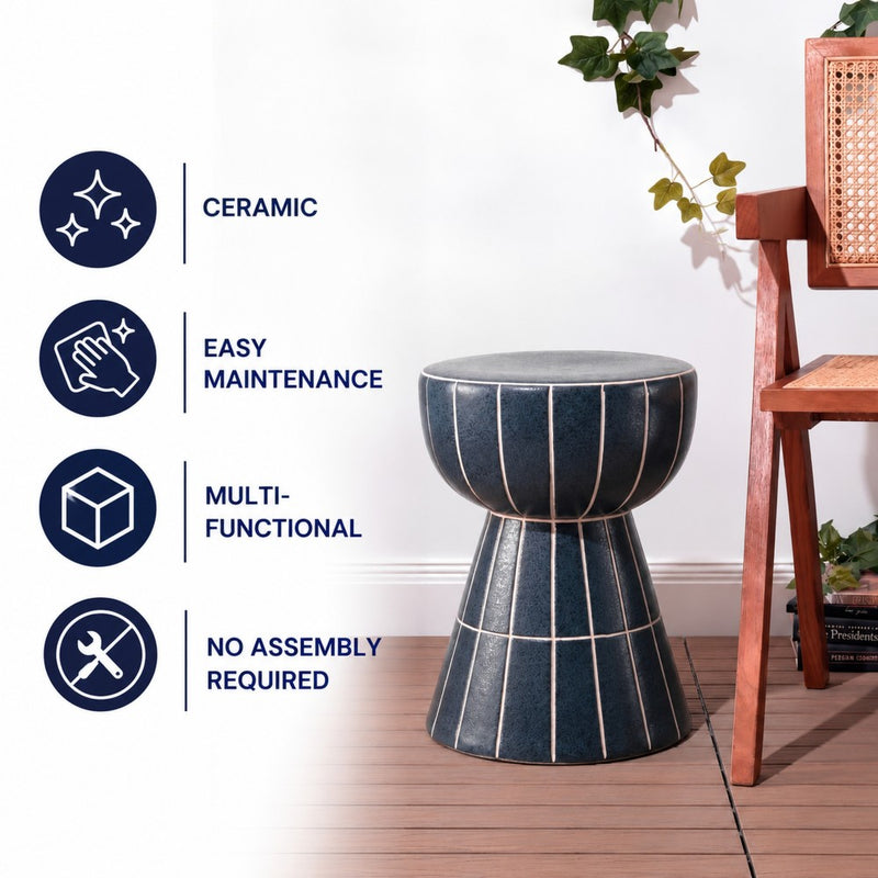Clara 17.5 in. Modern Minimalist Grid Hourglass Ceramic Indoor/Outdoor Garden Stool and Accent Table - Matte Navy