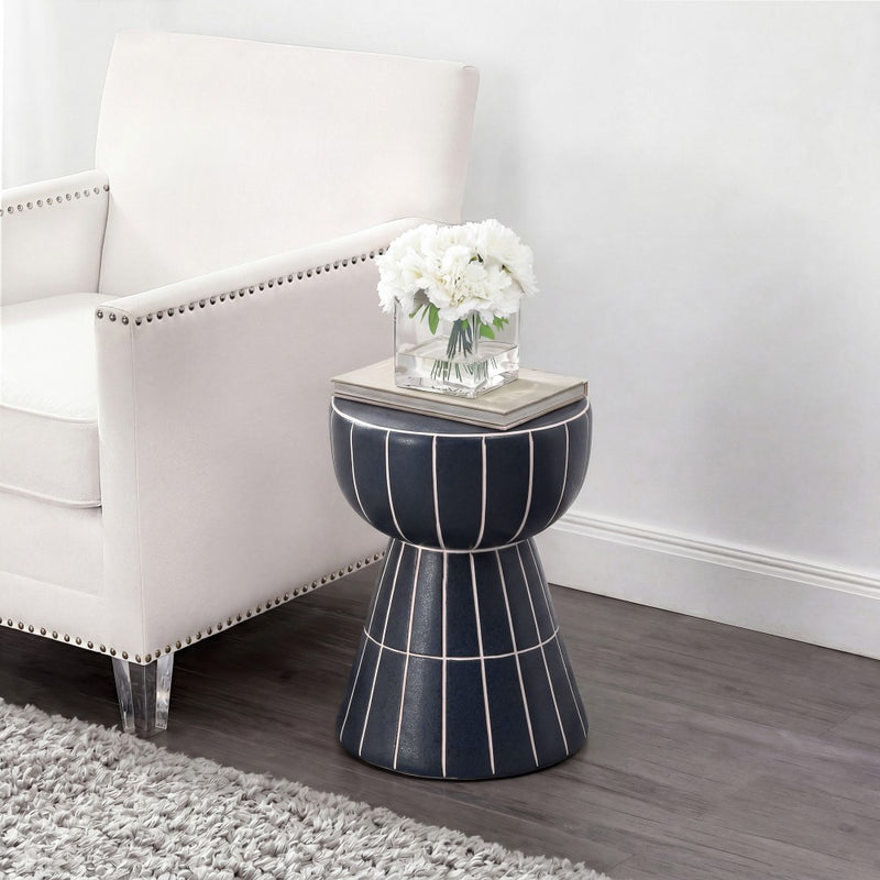 Clara 17.5 in. Modern Minimalist Grid Hourglass Ceramic Indoor/Outdoor Garden Stool and Accent Table - Matte Navy