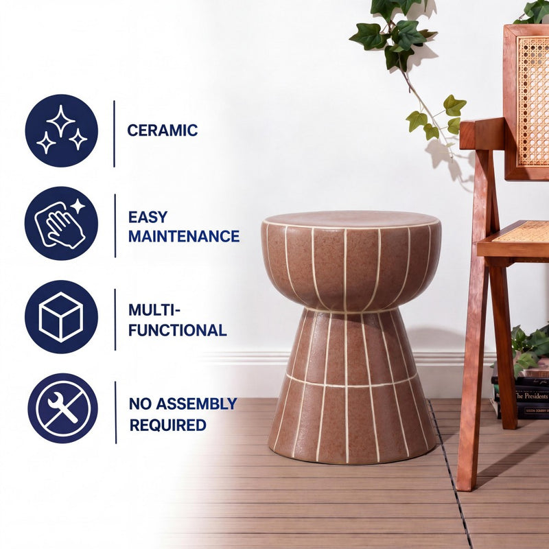 Clara 17.5 in. Modern Minimalist Grid Hourglass Ceramic Indoor/Outdoor Garden Stool and Accent Table - Matte Brown