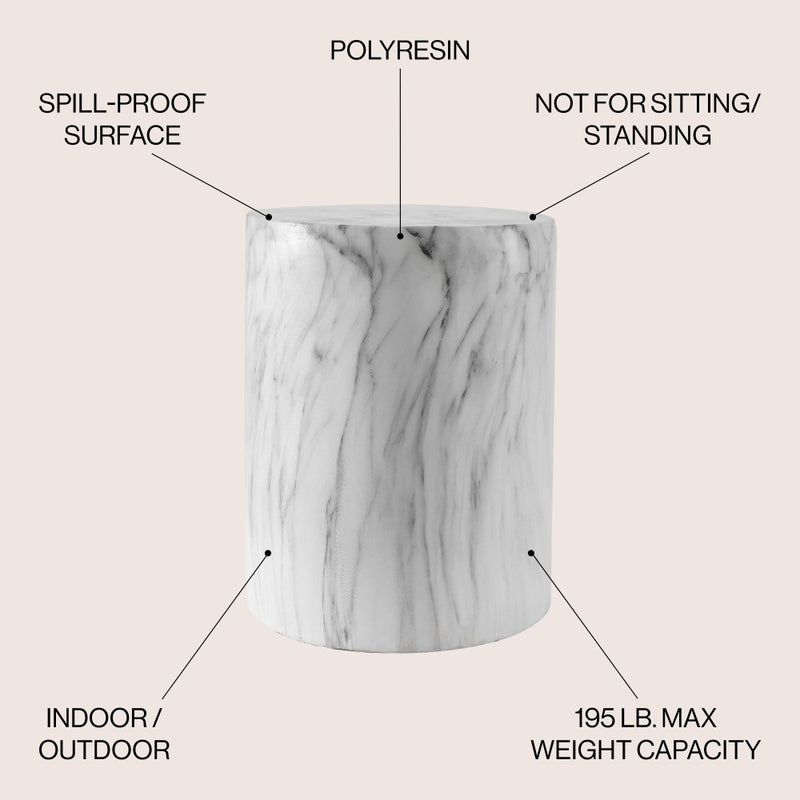 Troy 16.75" Modern Minimalist Faux Marble Column Indoor/Outdoor Accent Table