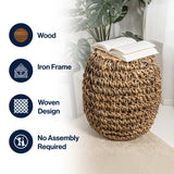 Sage 2.25" Rustic Bohemian Barrel-Style Abaca/Iron Handwoven Stool/Ottoman