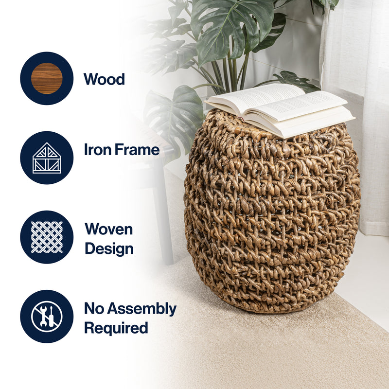 Sage 2.25" Rustic Bohemian Barrel-Style Abaca/Iron Handwoven Stool/Ottoman