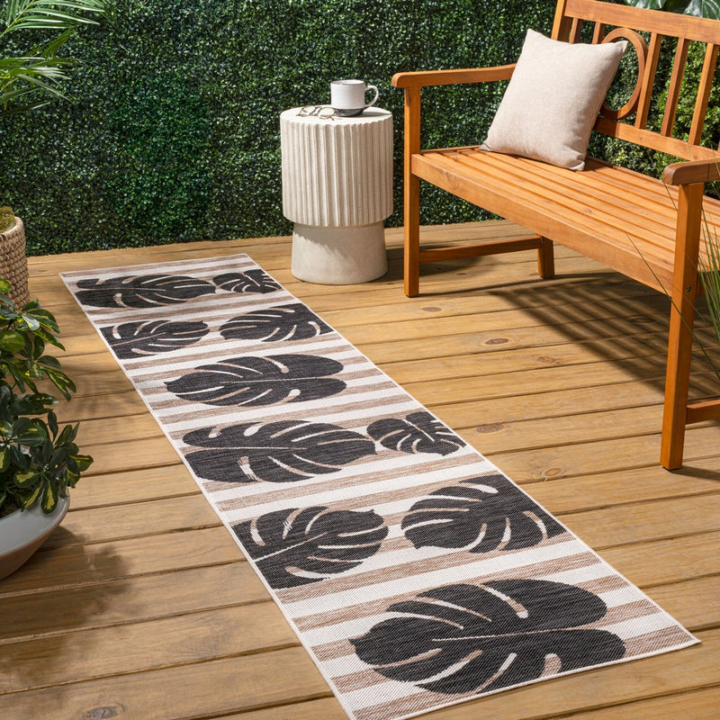 Allison Classic Beach Stripe And Monstera Leaf Indoor/Outdoor Area Rug