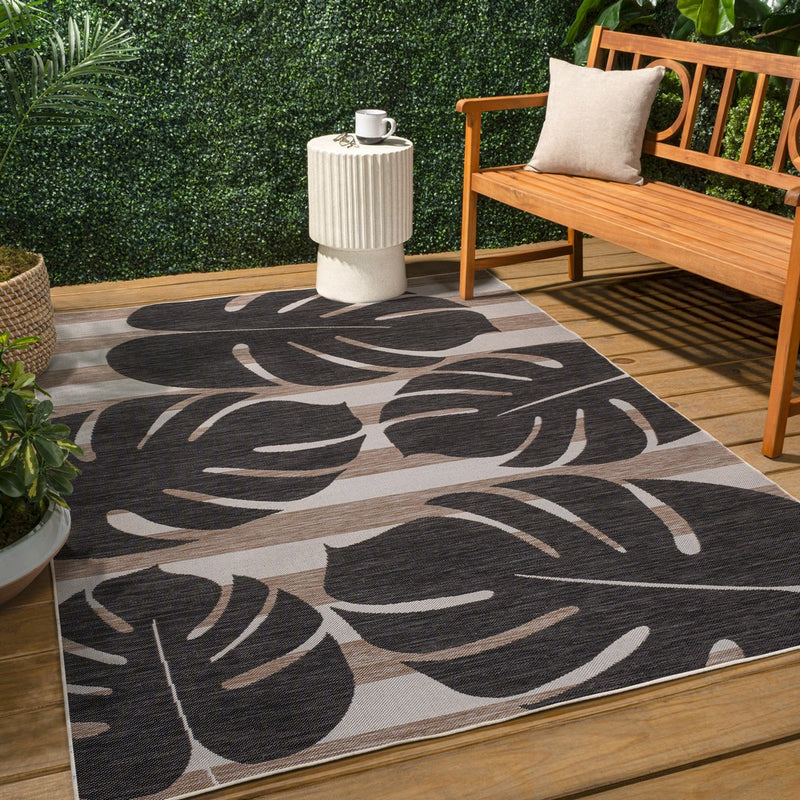 Allison Classic Beach Stripe And Monstera Leaf Indoor/Outdoor Area Rug