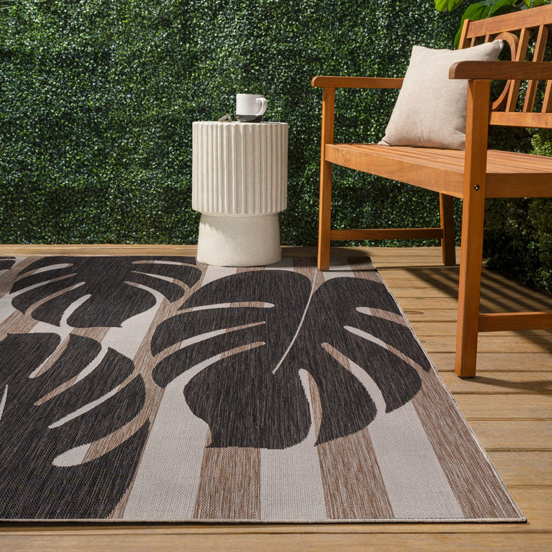 Allison Classic Beach Stripe And Monstera Leaf Indoor/Outdoor Area Rug