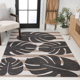 Allison Classic Beach Stripe And Monstera Leaf Indoor/Outdoor Area Rug