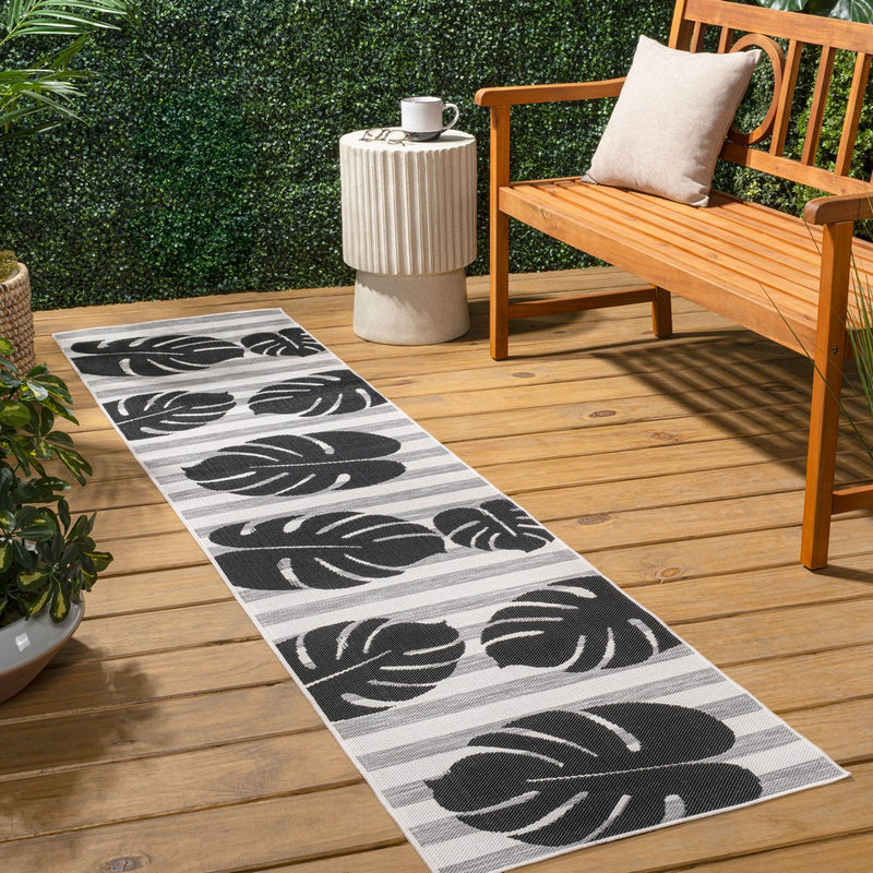 Allison Classic Beach Stripe And Monstera Leaf Indoor/Outdoor Area Rug