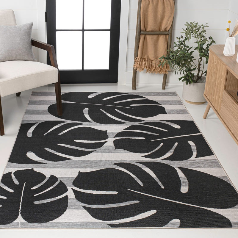 Allison Classic Beach Stripe And Monstera Leaf Indoor/Outdoor Area Rug