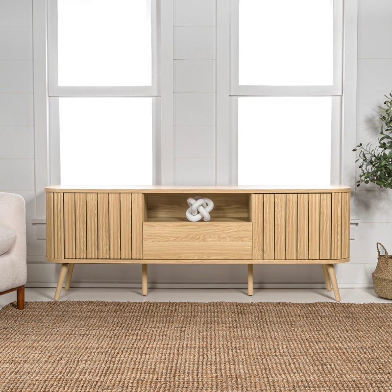 Damien 70 in. Farmhouse Curved TV Stand with Drawer and Storage Doors Fits TVs up to 75 in. with Cable Management - JONATHAN Y
