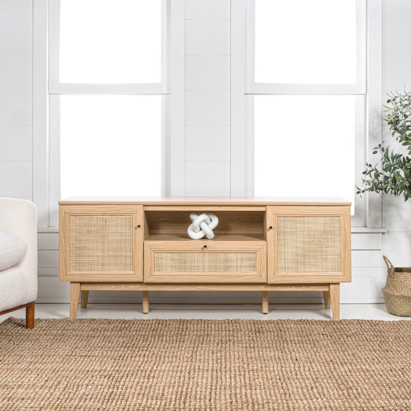 Finley 59 in. Farmhouse Caned TV Stand with Drawer and Storage Doors Fits TVs up to 65 in. with Cable Management - JONATHAN Y