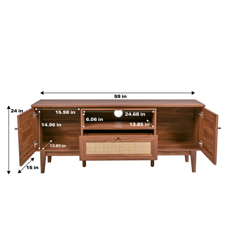 Finley 59 in. Farmhouse Caned TV Stand with Drawer and Storage Doors Fits TVs up to 65 in. with Cable Management - JONATHAN Y
