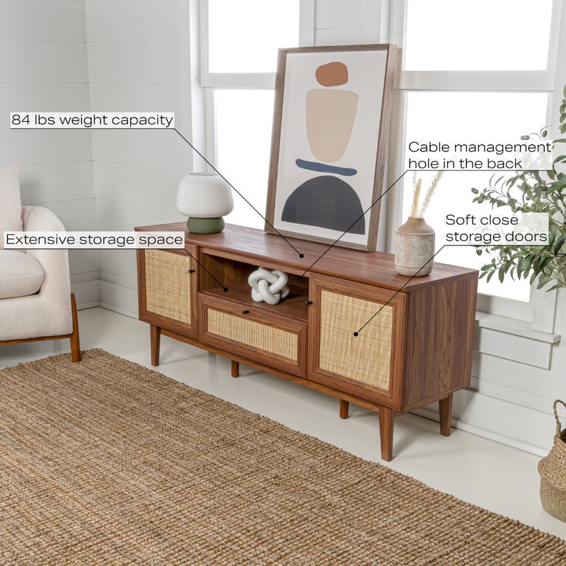 Finley 59 in. Farmhouse Caned TV Stand with Drawer and Storage Doors Fits TVs up to 65 in. with Cable Management - JONATHAN Y