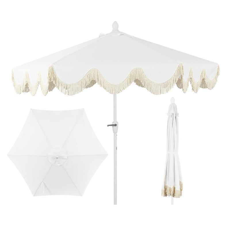 JONATHAN Y UMB1001E Collins 9 ft. Classic Cottage Tassel Market Patio Umbrella with Auto-Tilt, Crank, Wind Vent and UV Protection in Cream