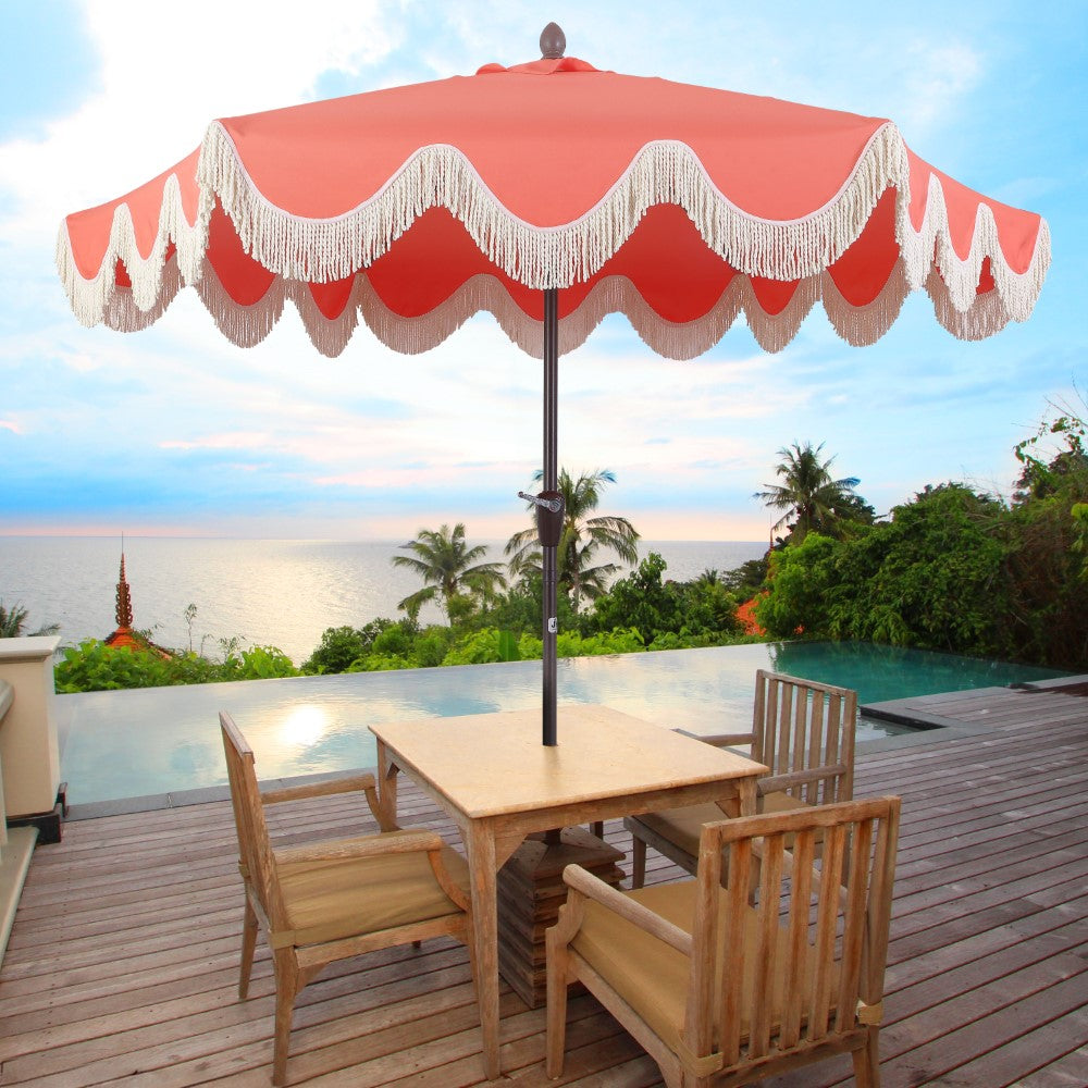 JONATHAN Y UMB1001E Collins 9 ft. Classic Cottage Tassel Market Patio Umbrella with Auto-Tilt, Crank, Wind Vent and UV Protection in Cream