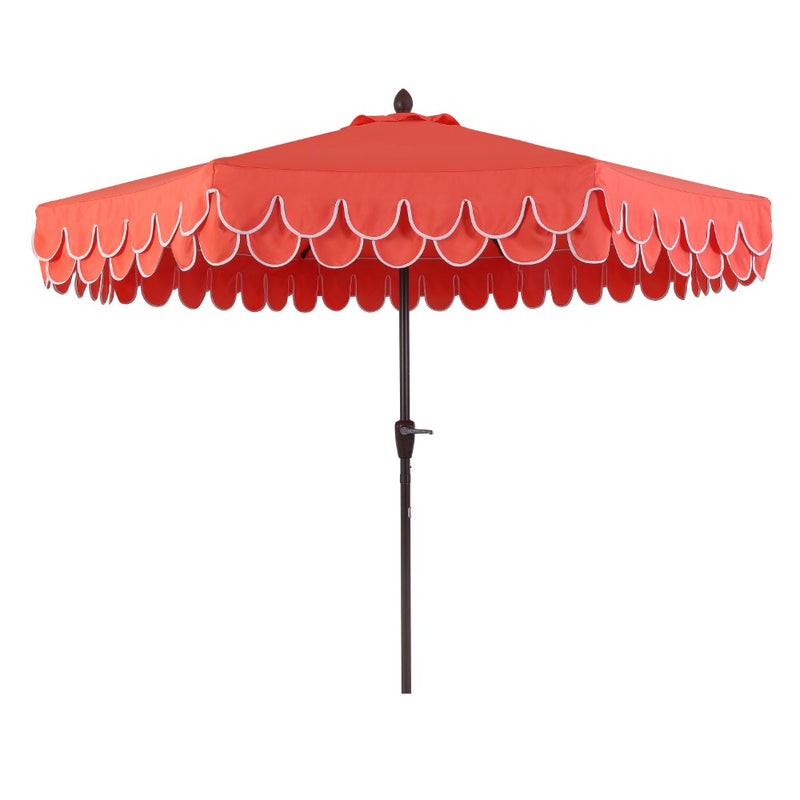 JONATHAN Y Tracy 9 ft. Classic MidCentury Scalloped Fringe Market Patio Umbrella with Auto-Tilt Crank Wind Vent and UV Protection in Coral Red/White