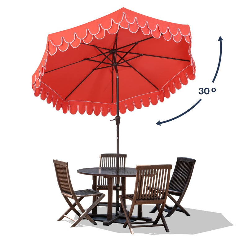 JONATHAN Y Tracy 9 ft. Classic MidCentury Scalloped Fringe Market Patio Umbrella with Auto-Tilt Crank Wind Vent and UV Protection in Coral Red/White