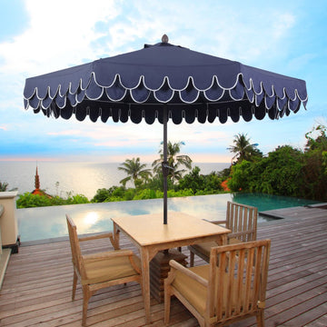 blue patio umbrella UMB1002A Tracy 9 ft. Classic MidCentury Scalloped Fringe Market Patio Umbrella