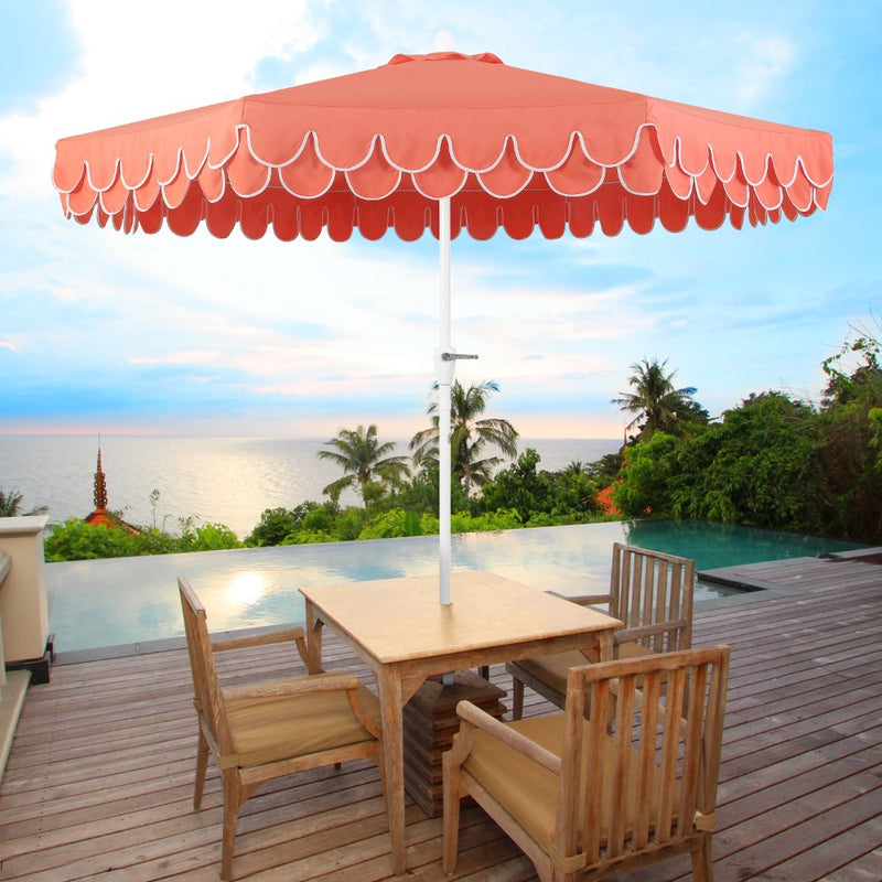 JONATHAN Y Tracy 9 ft. Classic MidCentury Scalloped Fringe Market Patio Umbrella with Auto-Tilt Crank Wind Vent and UV Protection in Coral Red/White