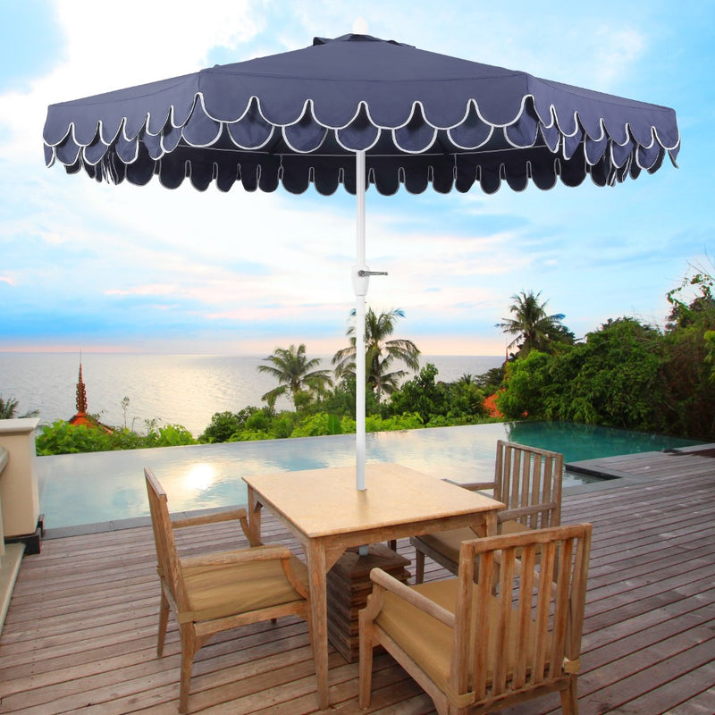JONATHAN Y Tracy 9 ft. Classic MidCentury Scalloped Fringe Market Patio Umbrella with Auto-Tilt Crank Wind Vent and UV Protection in Coral Pink/White