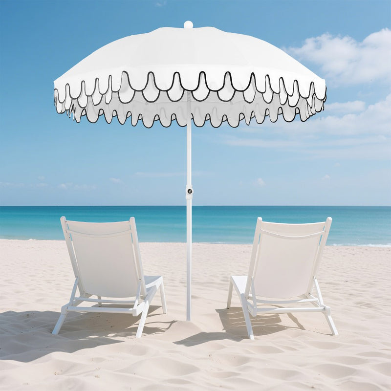 Horizon 6.5 ft. Classic MidCentury Scalloped Fringe Market Beach Umbrella