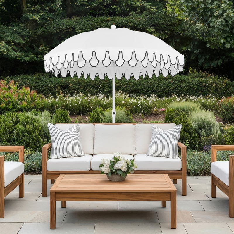 Horizon 6.5 ft. Classic MidCentury Scalloped Fringe Market Beach Umbrella with Push-Button Tilt Coral Red