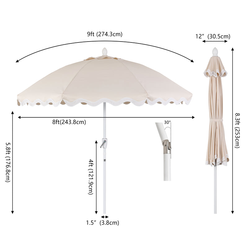 Marina 8 ft. Classic Bohemian Scalloped Market Patio Umbrella with Auto-Tilt Crank Wind Vent and UV Protection