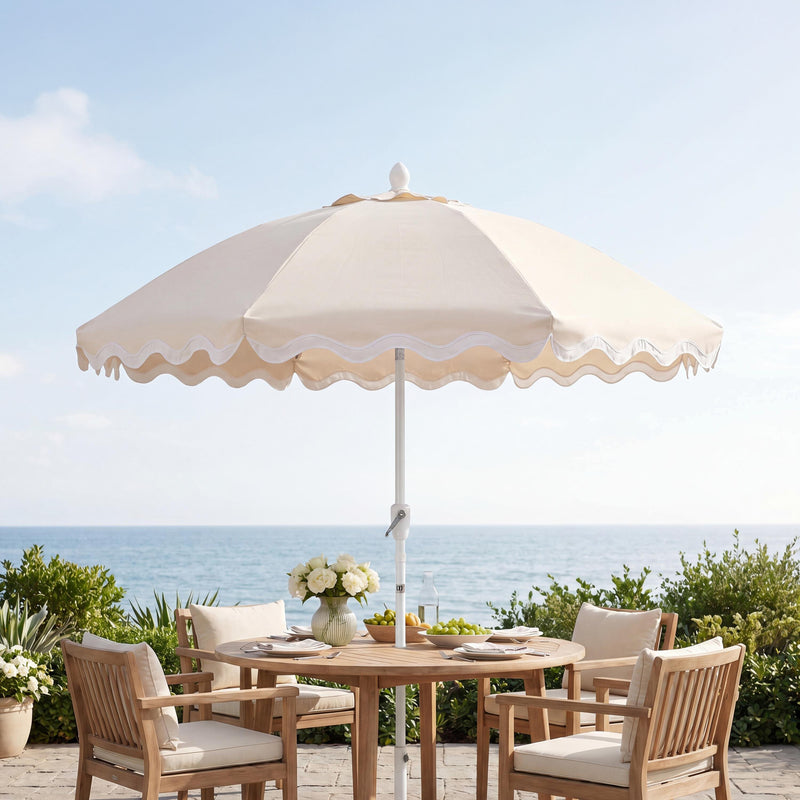 Marina 8 ft. Classic Bohemian Scalloped Market Patio Umbrella with Auto-Tilt Crank Wind Vent and UV Protection