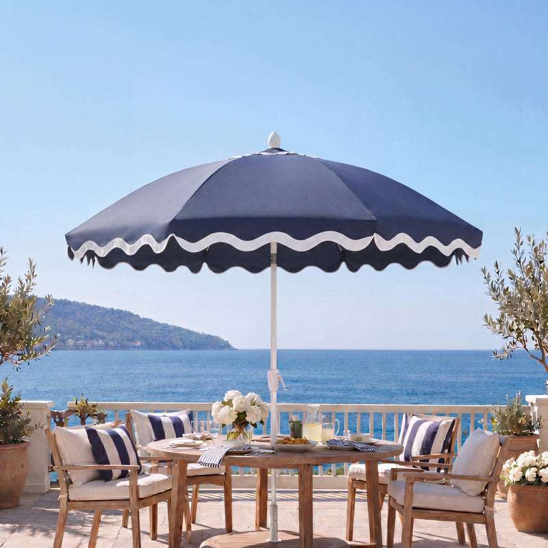 Marina 8 ft. Classic Bohemian Scalloped Market Patio Umbrella with Auto-Tilt Crank Wind Vent and UV Protection