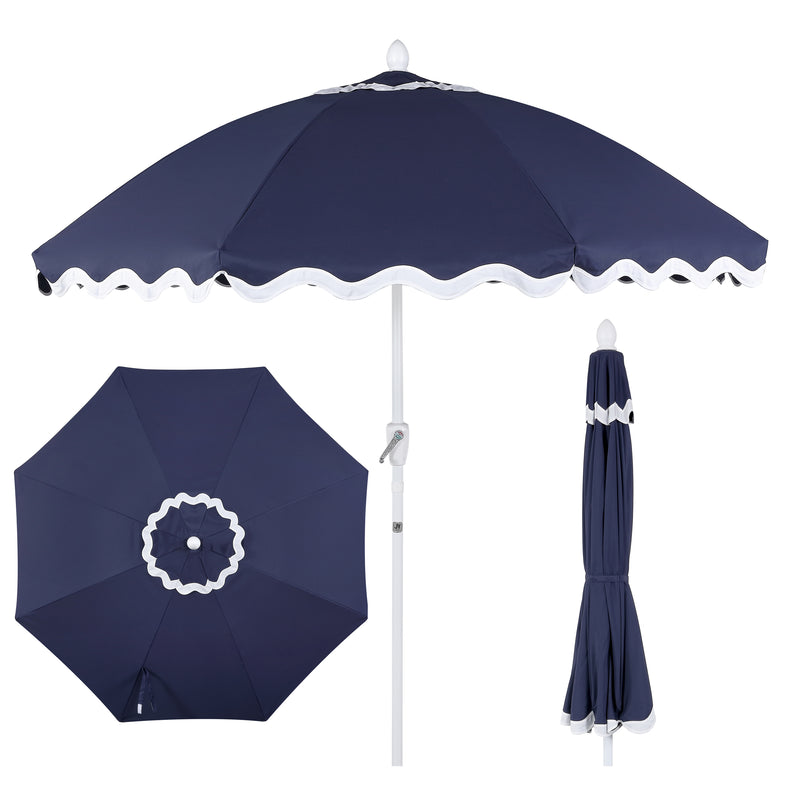 Marina 8 ft. Classic Bohemian Scalloped Market Patio Umbrella with Auto-Tilt Crank Wind Vent and UV Protection