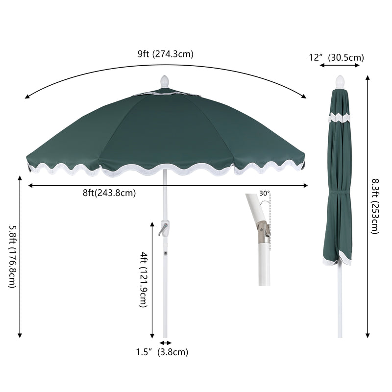 Marina 8 ft. Classic Bohemian Scalloped Market Patio Umbrella with Auto-Tilt Crank Wind Vent and UV Protection