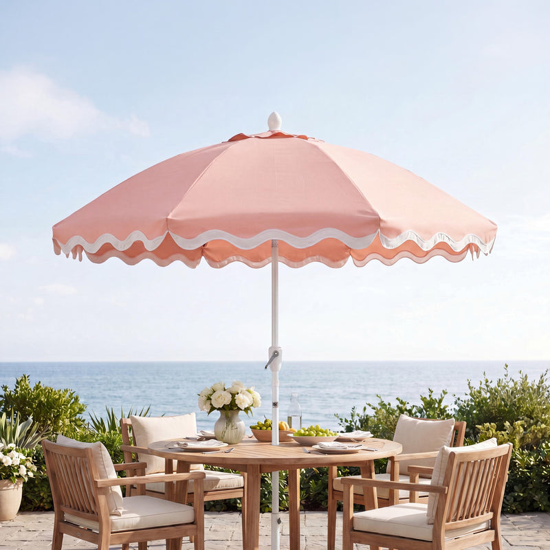 Marina 8 ft. Classic Bohemian Scalloped Market Patio Umbrella with Auto-Tilt Crank Wind Vent and UV Protection