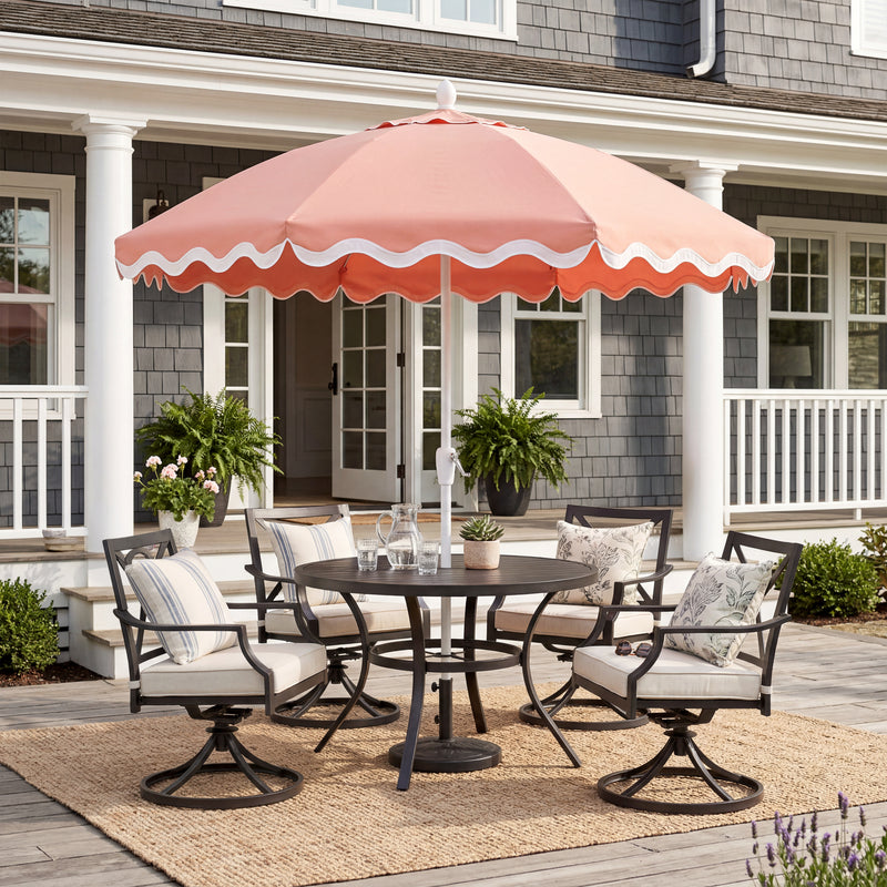 Marina 8 ft. Classic Bohemian Scalloped Market Patio Umbrella with Auto-Tilt Crank Wind Vent and UV Protection