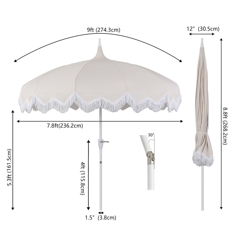 Delphine 8 ft. Classic Bohemian Fringe Pagoda Market Patio Umbrella with Auto-Tilt Crank Wind Vent and UV Protection