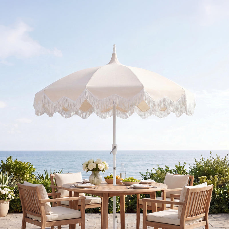 Delphine 8 ft. Classic Bohemian Fringe Pagoda Market Patio Umbrella with Auto-Tilt Crank Wind Vent and UV Protection