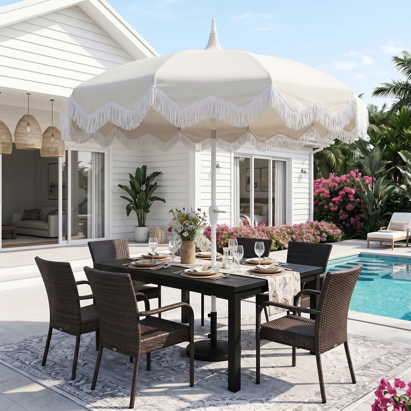 Delphine 8 ft. Classic Bohemian Fringe Pagoda Market Patio Umbrella with Auto-Tilt Crank Wind Vent and UV Protection