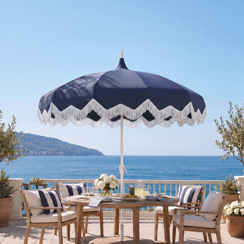 Delphine 8 ft. Classic Bohemian Fringe Pagoda Market Patio Umbrella with Auto-Tilt Crank Wind Vent and UV Protection