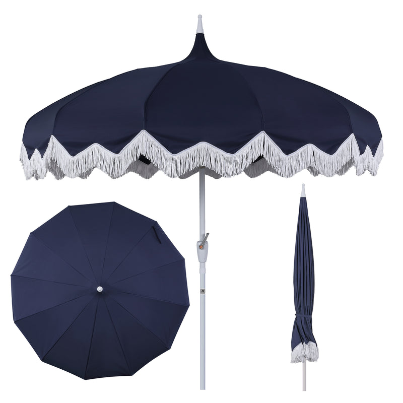 Delphine 8 ft. Classic Bohemian Fringe Pagoda Market Patio Umbrella with Auto-Tilt Crank Wind Vent and UV Protection