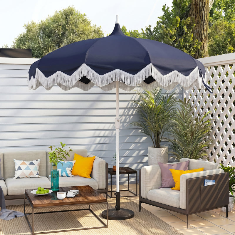 Delphine 8 ft. Classic Bohemian Fringe Pagoda Market Patio Umbrella with Auto-Tilt Crank Wind Vent and UV Protection