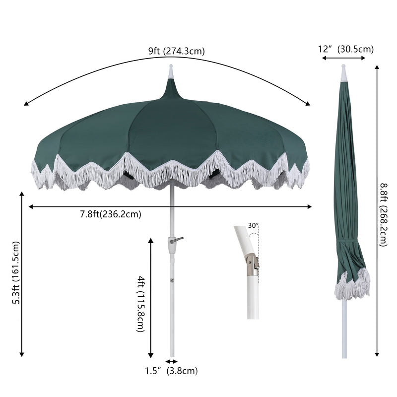 Delphine 8 ft. Classic Bohemian Fringe Pagoda Market Patio Umbrella with Auto-Tilt Crank Wind Vent and UV Protection