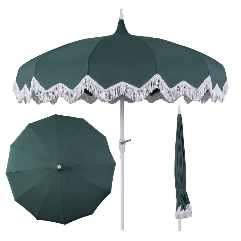 Delphine 8 ft. Classic Bohemian Fringe Pagoda Market Patio Umbrella with Auto-Tilt Crank Wind Vent and UV Protection