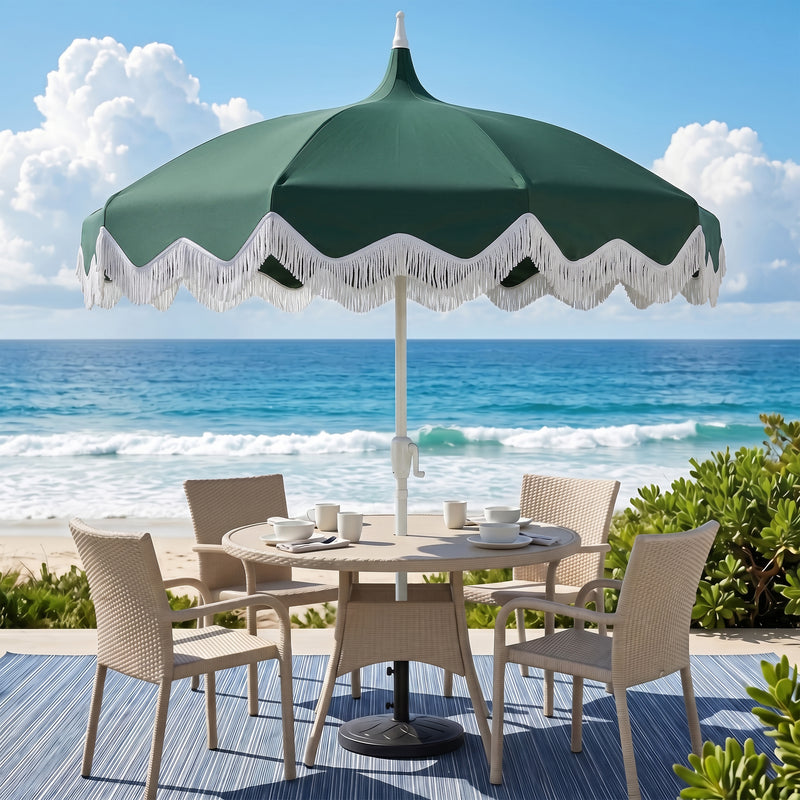 Delphine 8 ft. Classic Bohemian Fringe Pagoda Market Patio Umbrella with Auto-Tilt Crank Wind Vent and UV Protection