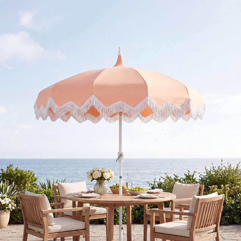 Delphine 8 ft. Classic Bohemian Fringe Pagoda Market Patio Umbrella with Auto-Tilt Crank Wind Vent and UV Protection