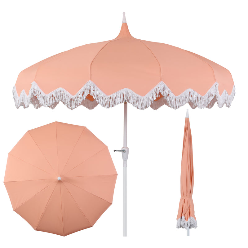 Delphine 8 ft. Classic Bohemian Fringe Pagoda Market Patio Umbrella with Auto-Tilt Crank Wind Vent and UV Protection