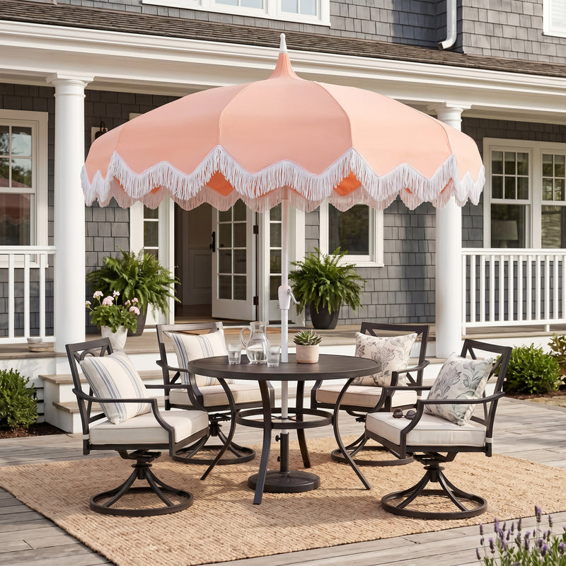 Delphine 8 ft. Classic Bohemian Fringe Pagoda Market Patio Umbrella with Auto-Tilt Crank Wind Vent and UV Protection