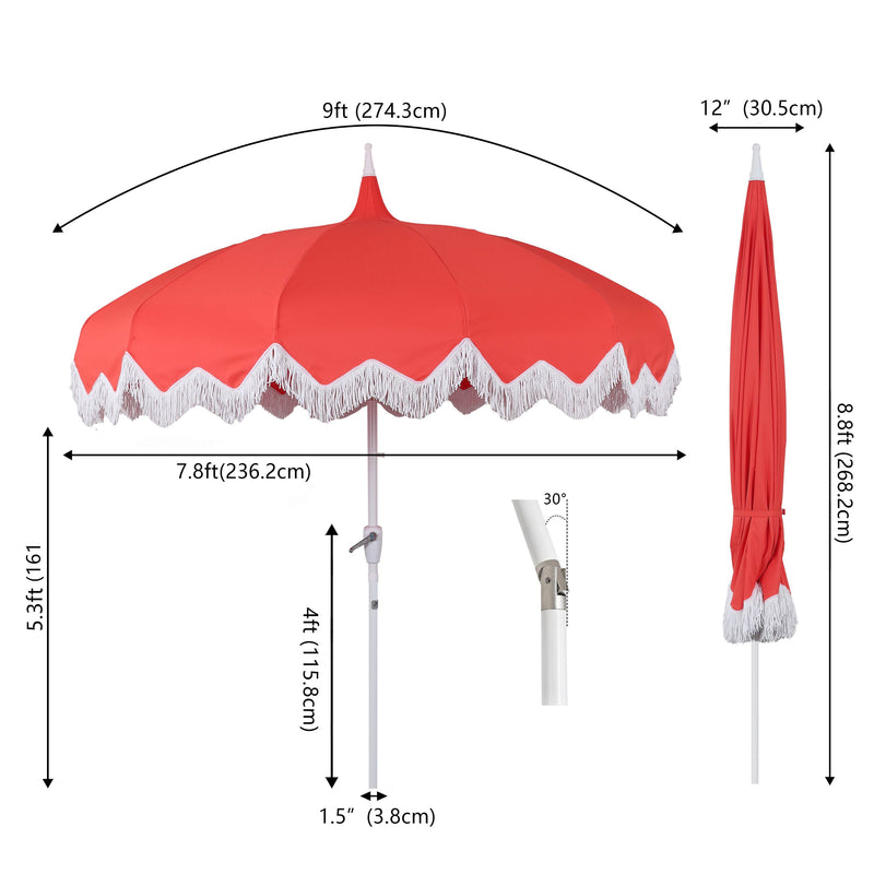 Delphine 8 ft. Classic Bohemian Fringe Pagoda Market Patio Umbrella with Auto-Tilt Crank Wind Vent and UV Protection