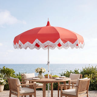 Delphine 8 ft. Classic Bohemian Fringe Pagoda Market Patio Umbrella with Auto-Tilt Crank Wind Vent and UV Protection